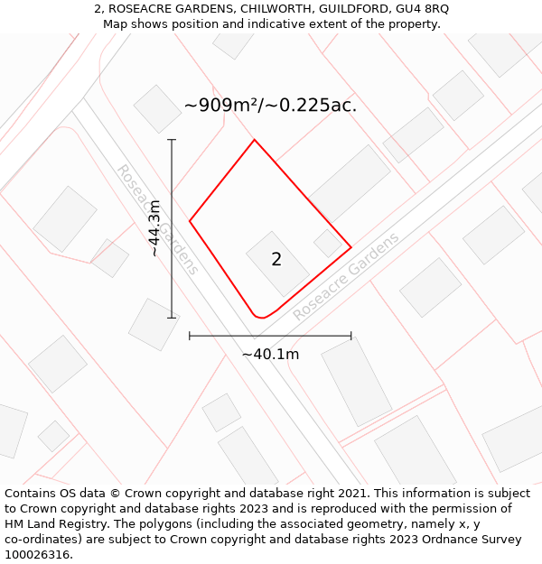 2, ROSEACRE GARDENS, CHILWORTH, GUILDFORD, GU4 8RQ: Plot and title map