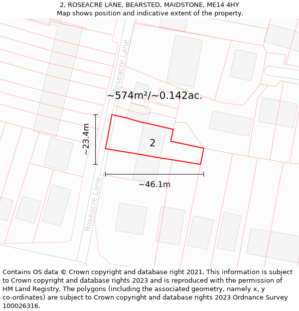 2, ROSEACRE LANE, BEARSTED, MAIDSTONE, ME14 4HY: Plot and title map