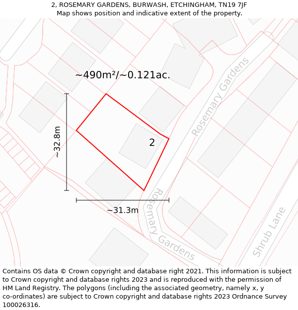 2, ROSEMARY GARDENS, BURWASH, ETCHINGHAM, TN19 7JF: Plot and title map