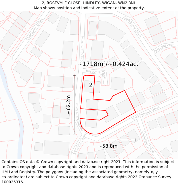 2, ROSEVALE CLOSE, HINDLEY, WIGAN, WN2 3NL: Plot and title map