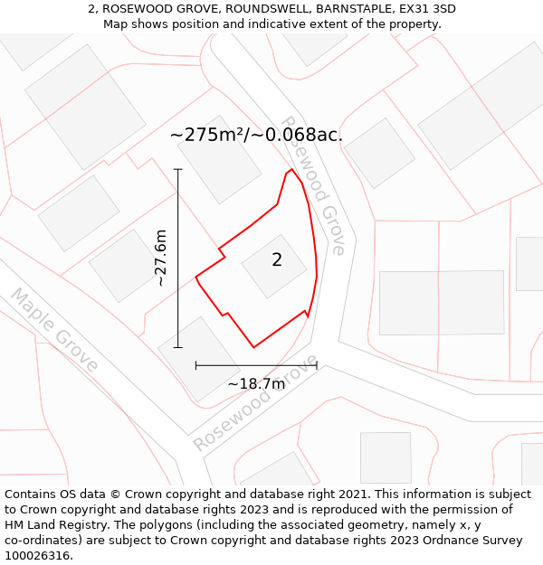 2, ROSEWOOD GROVE, ROUNDSWELL, BARNSTAPLE, EX31 3SD: Plot and title map