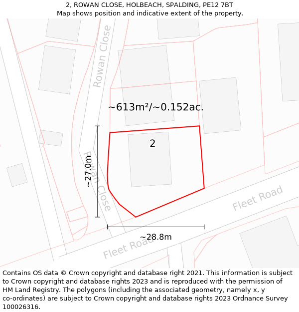 2, ROWAN CLOSE, HOLBEACH, SPALDING, PE12 7BT: Plot and title map