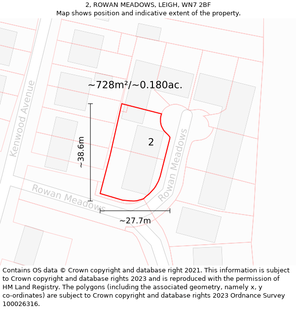 2, ROWAN MEADOWS, LEIGH, WN7 2BF: Plot and title map