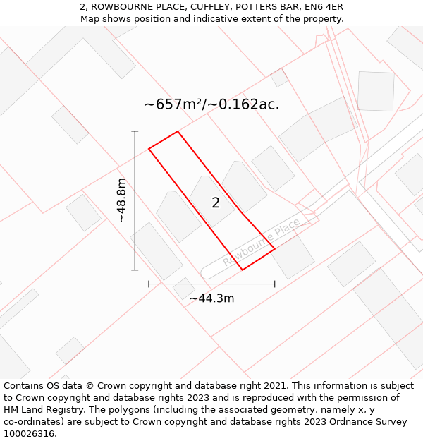 2, ROWBOURNE PLACE, CUFFLEY, POTTERS BAR, EN6 4ER: Plot and title map