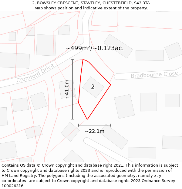 2, ROWSLEY CRESCENT, STAVELEY, CHESTERFIELD, S43 3TA: Plot and title map