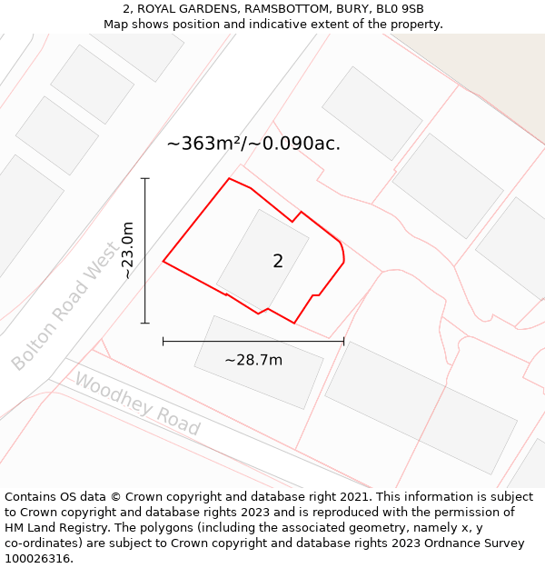 2, ROYAL GARDENS, RAMSBOTTOM, BURY, BL0 9SB: Plot and title map