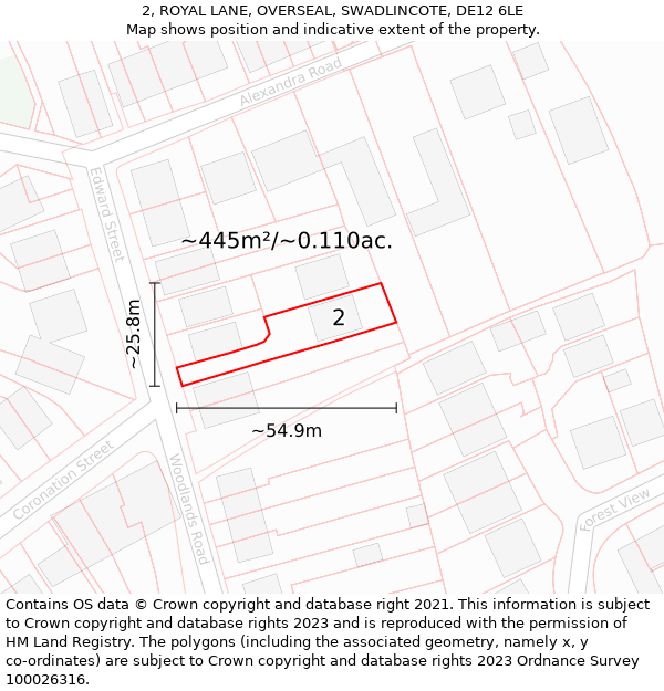 2, ROYAL LANE, OVERSEAL, SWADLINCOTE, DE12 6LE: Plot and title map