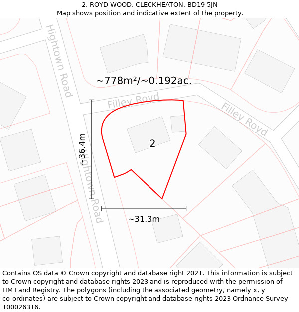 2, ROYD WOOD, CLECKHEATON, BD19 5JN: Plot and title map