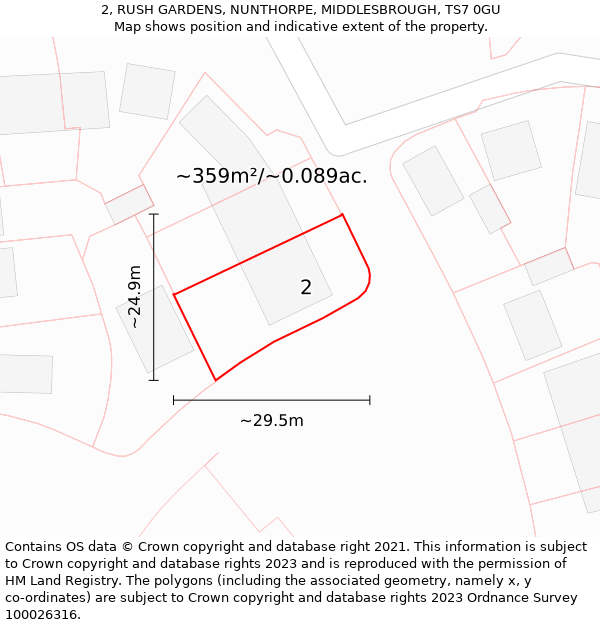 2, RUSH GARDENS, NUNTHORPE, MIDDLESBROUGH, TS7 0GU: Plot and title map