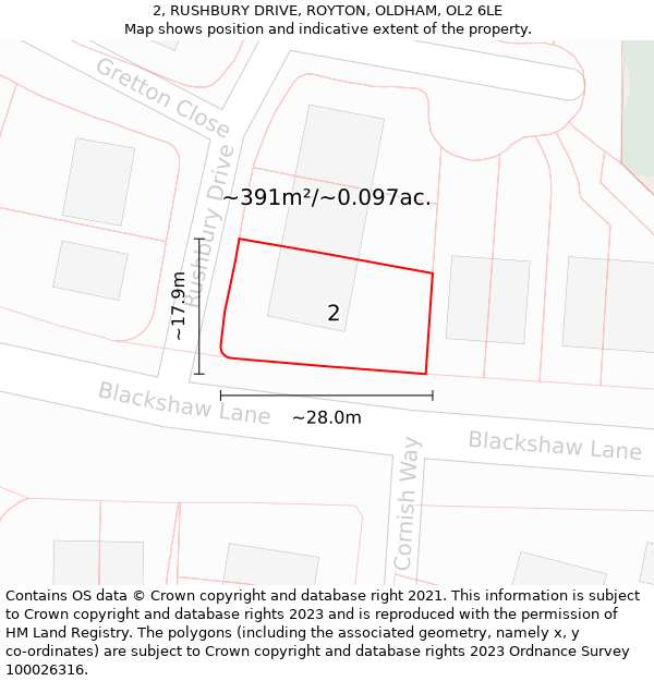 2, RUSHBURY DRIVE, ROYTON, OLDHAM, OL2 6LE: Plot and title map