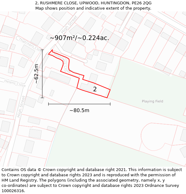 2, RUSHMERE CLOSE, UPWOOD, HUNTINGDON, PE26 2QG: Plot and title map