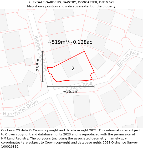 2, RYDALE GARDENS, BAWTRY, DONCASTER, DN10 6XL: Plot and title map