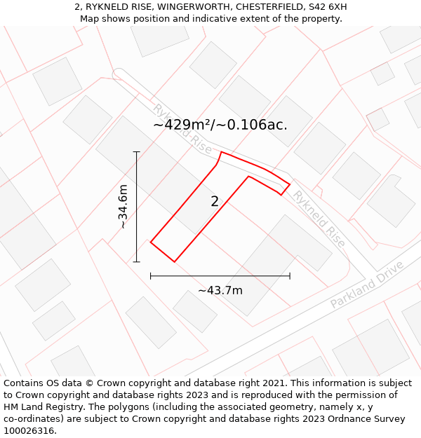 2, RYKNELD RISE, WINGERWORTH, CHESTERFIELD, S42 6XH: Plot and title map