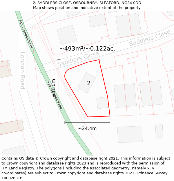 2, SADDLERS CLOSE, OSBOURNBY, SLEAFORD, NG34 0DD: Plot and title map