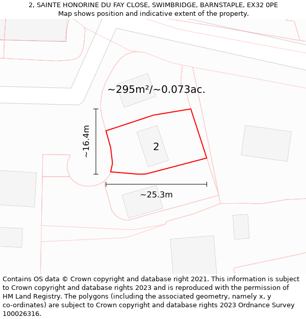 2, SAINTE HONORINE DU FAY CLOSE, SWIMBRIDGE, BARNSTAPLE, EX32 0PE: Plot and title map