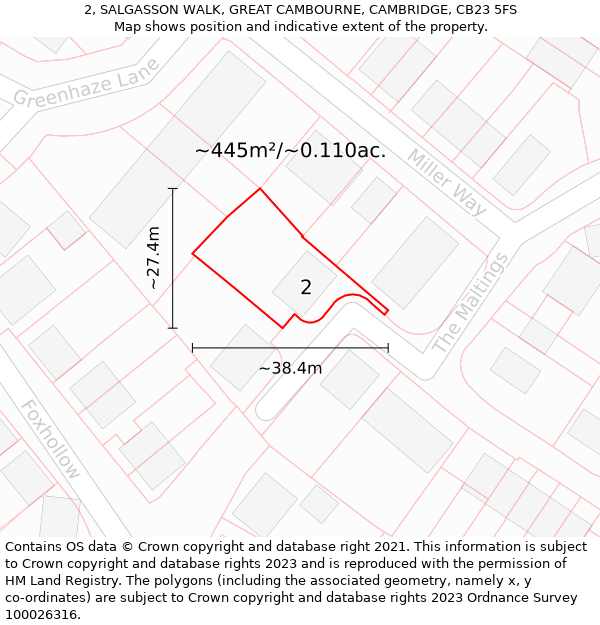 2, SALGASSON WALK, GREAT CAMBOURNE, CAMBRIDGE, CB23 5FS: Plot and title map