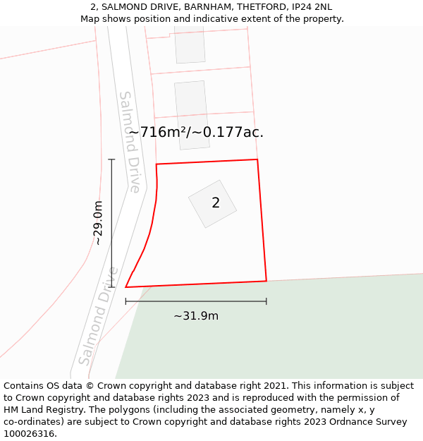 2, SALMOND DRIVE, BARNHAM, THETFORD, IP24 2NL: Plot and title map