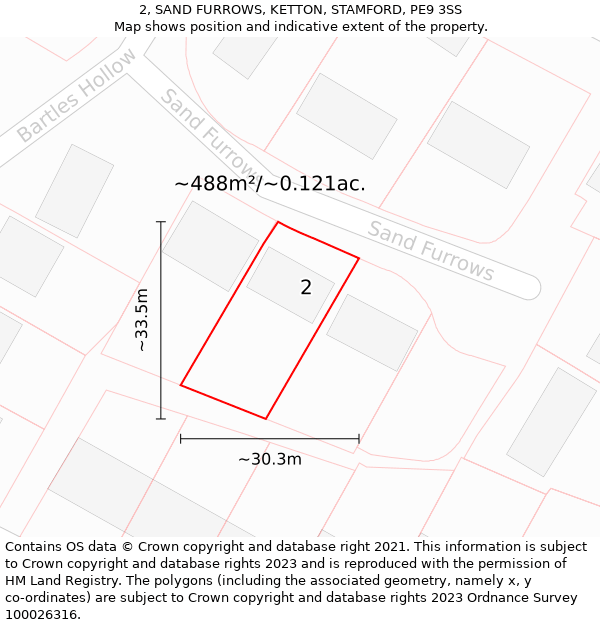 2, SAND FURROWS, KETTON, STAMFORD, PE9 3SS: Plot and title map