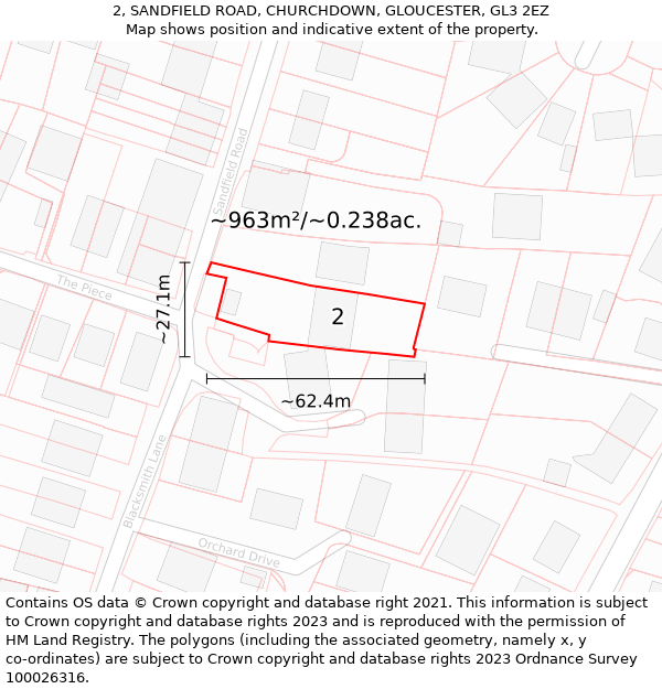 2, SANDFIELD ROAD, CHURCHDOWN, GLOUCESTER, GL3 2EZ: Plot and title map