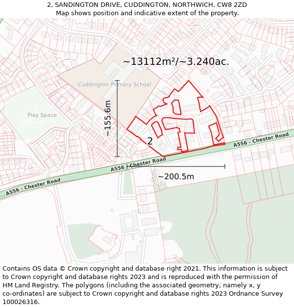 2, SANDINGTON DRIVE, CUDDINGTON, NORTHWICH, CW8 2ZD: Plot and title map