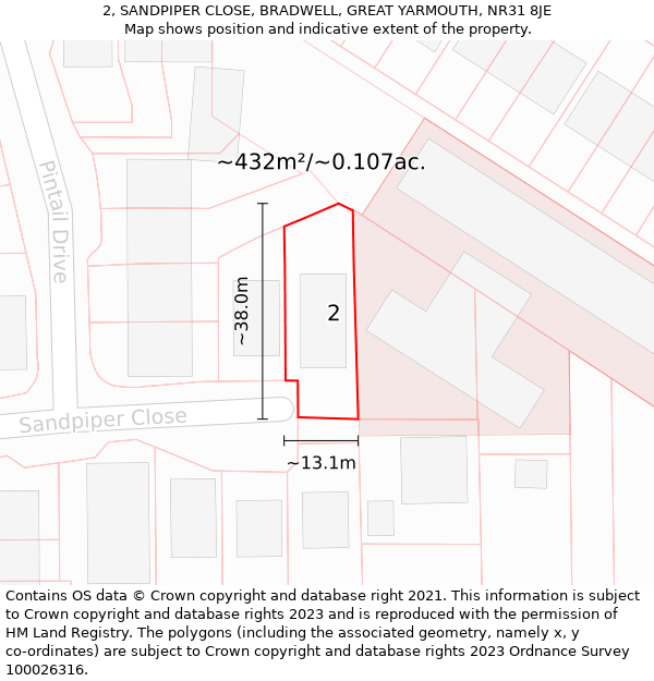 2, SANDPIPER CLOSE, BRADWELL, GREAT YARMOUTH, NR31 8JE: Plot and title map