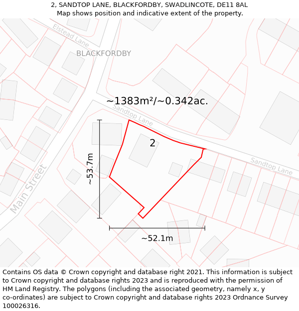 2, SANDTOP LANE, BLACKFORDBY, SWADLINCOTE, DE11 8AL: Plot and title map