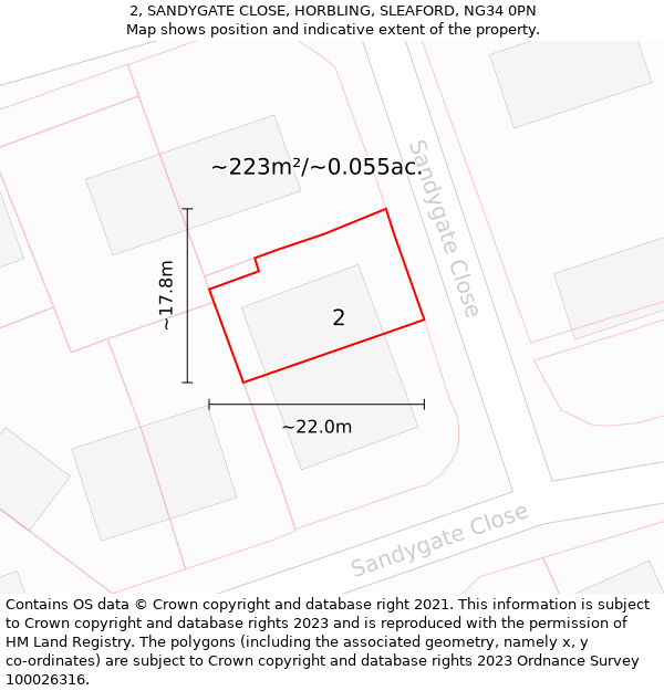 2, SANDYGATE CLOSE, HORBLING, SLEAFORD, NG34 0PN: Plot and title map