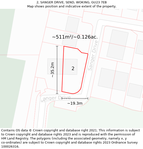 2, SANGER DRIVE, SEND, WOKING, GU23 7EB: Plot and title map