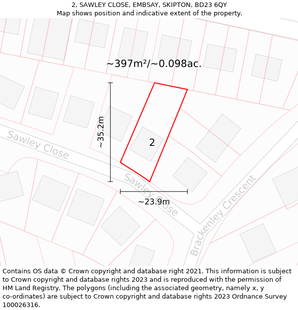 2, SAWLEY CLOSE, EMBSAY, SKIPTON, BD23 6QY: Plot and title map