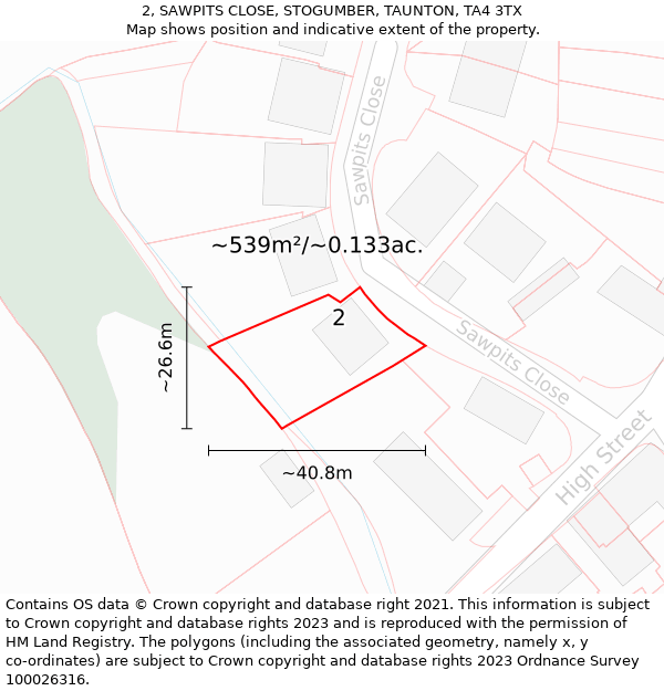 2, SAWPITS CLOSE, STOGUMBER, TAUNTON, TA4 3TX: Plot and title map