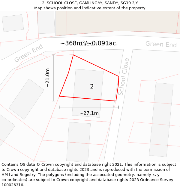 2, SCHOOL CLOSE, GAMLINGAY, SANDY, SG19 3JY: Plot and title map