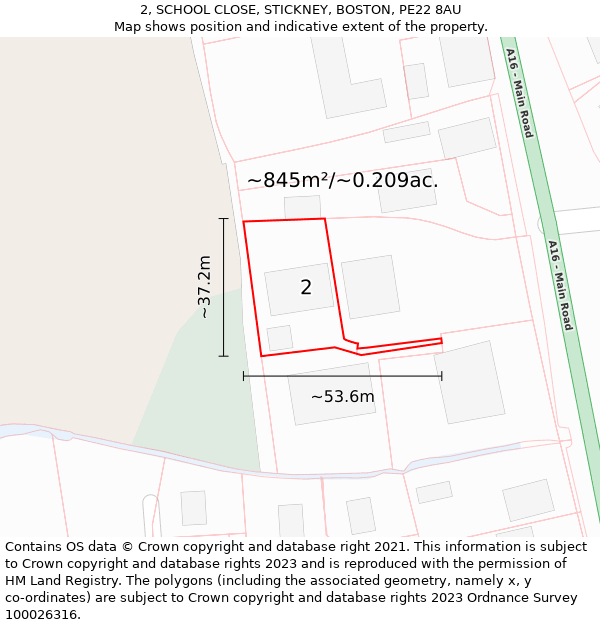 2, SCHOOL CLOSE, STICKNEY, BOSTON, PE22 8AU: Plot and title map