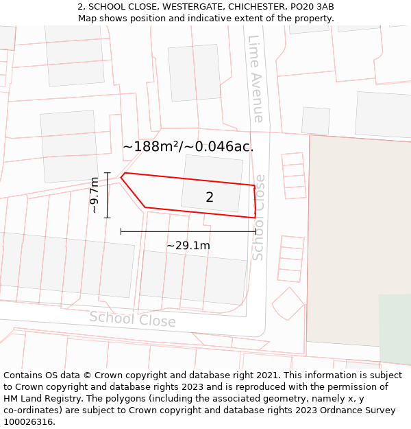 2, SCHOOL CLOSE, WESTERGATE, CHICHESTER, PO20 3AB: Plot and title map