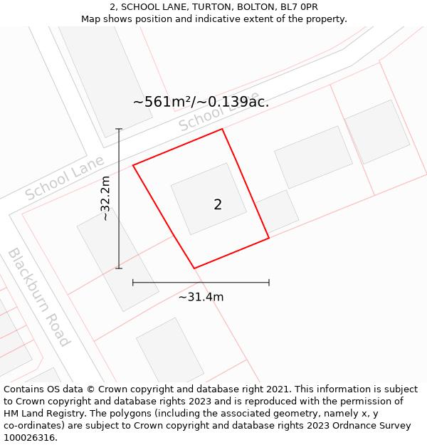 2, SCHOOL LANE, TURTON, BOLTON, BL7 0PR: Plot and title map