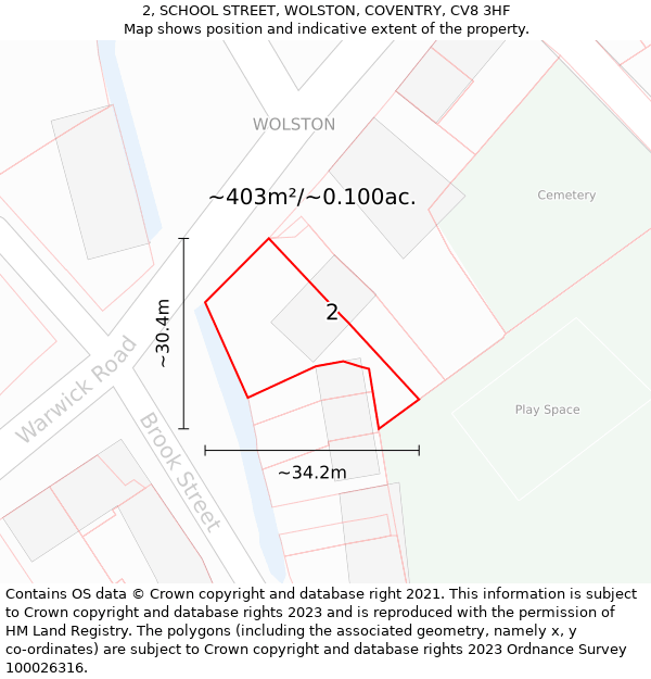 2, SCHOOL STREET, WOLSTON, COVENTRY, CV8 3HF: Plot and title map