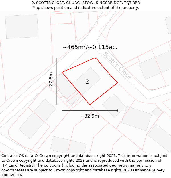 2, SCOTTS CLOSE, CHURCHSTOW, KINGSBRIDGE, TQ7 3RB: Plot and title map