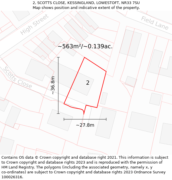 2, SCOTTS CLOSE, KESSINGLAND, LOWESTOFT, NR33 7SU: Plot and title map
