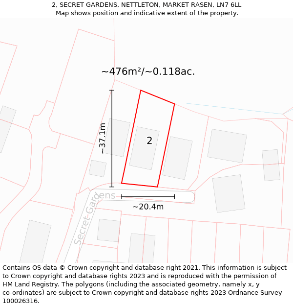 2, SECRET GARDENS, NETTLETON, MARKET RASEN, LN7 6LL: Plot and title map