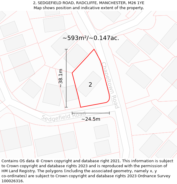 2, SEDGEFIELD ROAD, RADCLIFFE, MANCHESTER, M26 1YE: Plot and title map