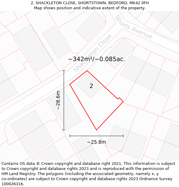 2, SHACKLETON CLOSE, SHORTSTOWN, BEDFORD, MK42 0FH: Plot and title map