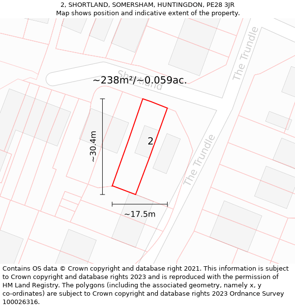 2, SHORTLAND, SOMERSHAM, HUNTINGDON, PE28 3JR: Plot and title map