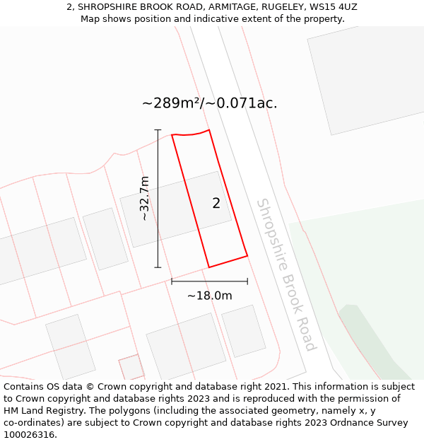 2, SHROPSHIRE BROOK ROAD, ARMITAGE, RUGELEY, WS15 4UZ: Plot and title map