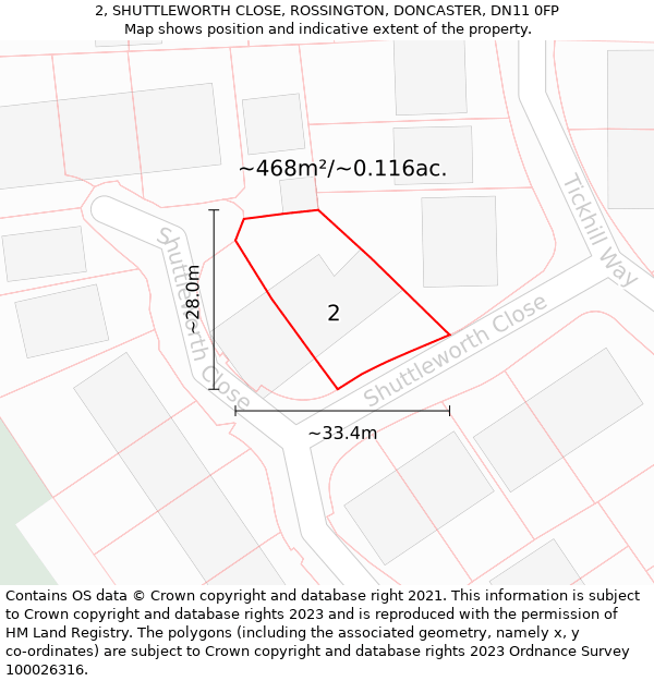 2, SHUTTLEWORTH CLOSE, ROSSINGTON, DONCASTER, DN11 0FP: Plot and title map