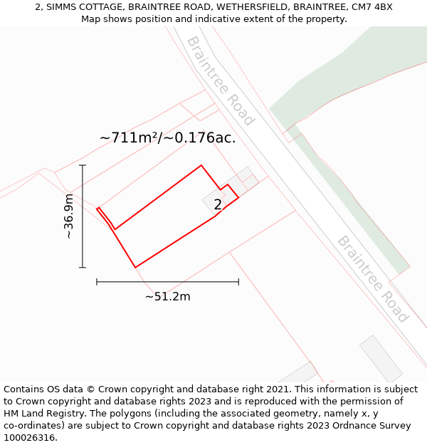 2, SIMMS COTTAGE, BRAINTREE ROAD, WETHERSFIELD, BRAINTREE, CM7 4BX: Plot and title map