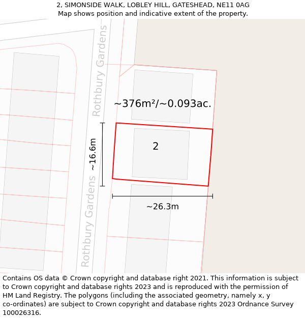 2, SIMONSIDE WALK, LOBLEY HILL, GATESHEAD, NE11 0AG: Plot and title map