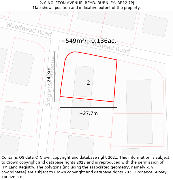 2, SINGLETON AVENUE, READ, BURNLEY, BB12 7PJ: Plot and title map