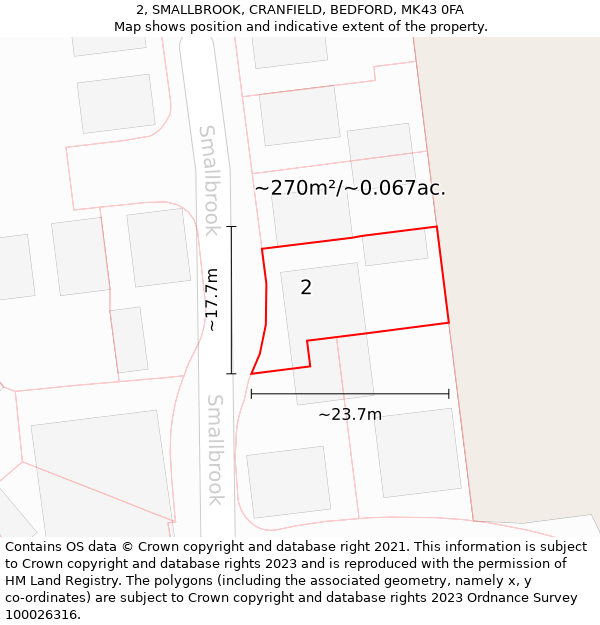 2, SMALLBROOK, CRANFIELD, BEDFORD, MK43 0FA: Plot and title map