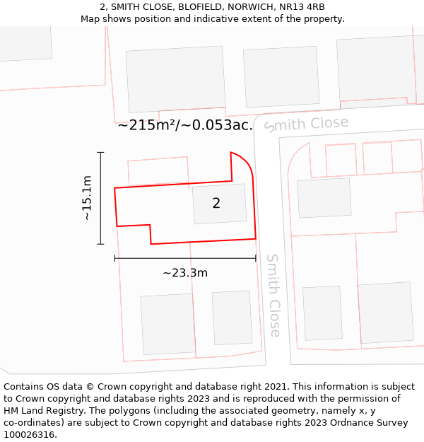 2, SMITH CLOSE, BLOFIELD, NORWICH, NR13 4RB: Plot and title map
