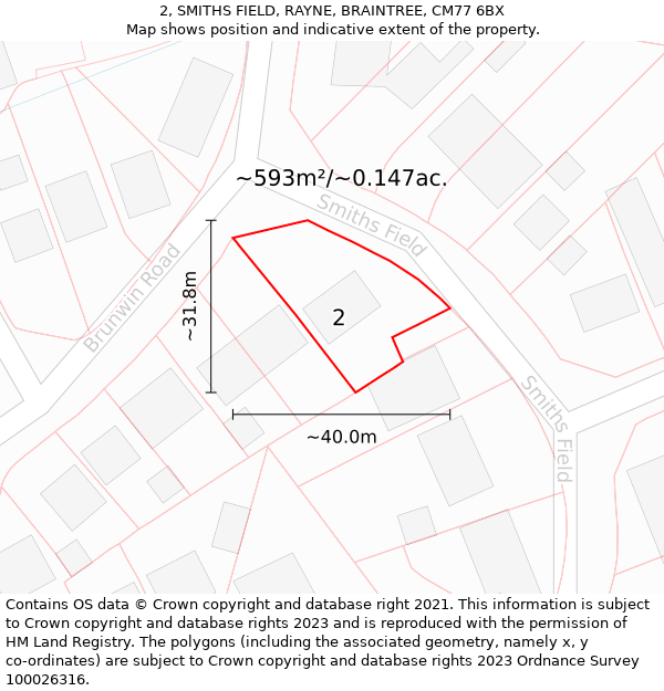 2, SMITHS FIELD, RAYNE, BRAINTREE, CM77 6BX: Plot and title map