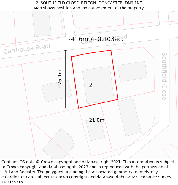 2, SOUTHFIELD CLOSE, BELTON, DONCASTER, DN9 1NT: Plot and title map